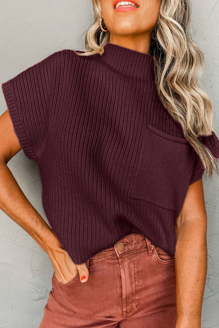 Ribbed Short Sleeve Pocketed Sweater