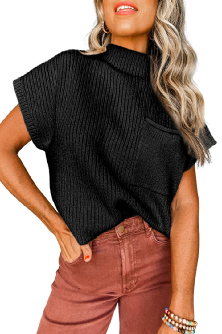 Ribbed Short Sleeve Pocketed Sweater