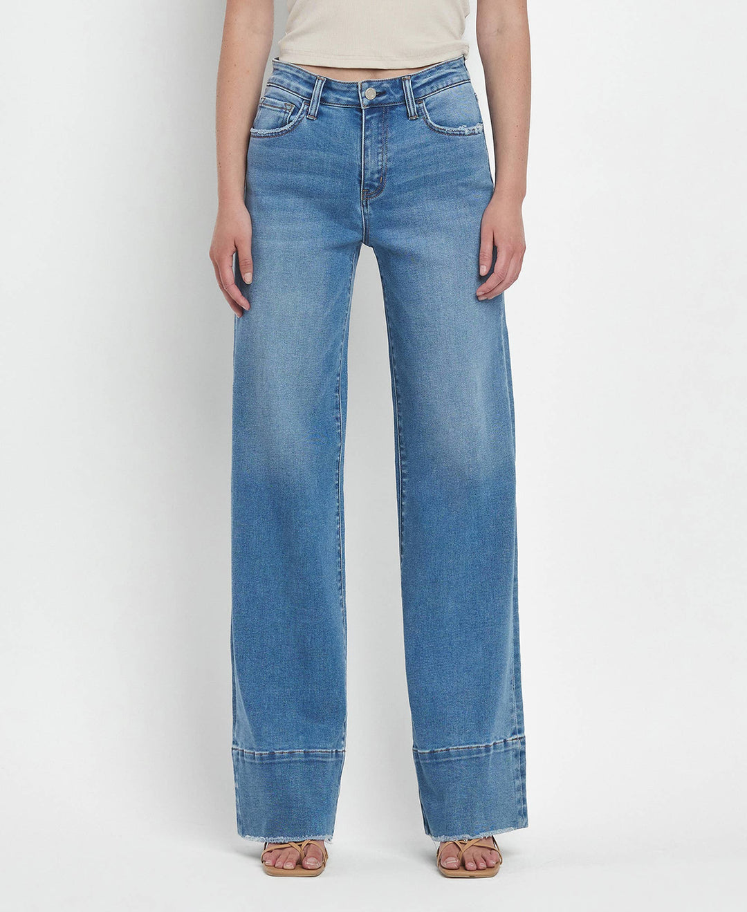 High Rise A Line Raw Hem Jeans