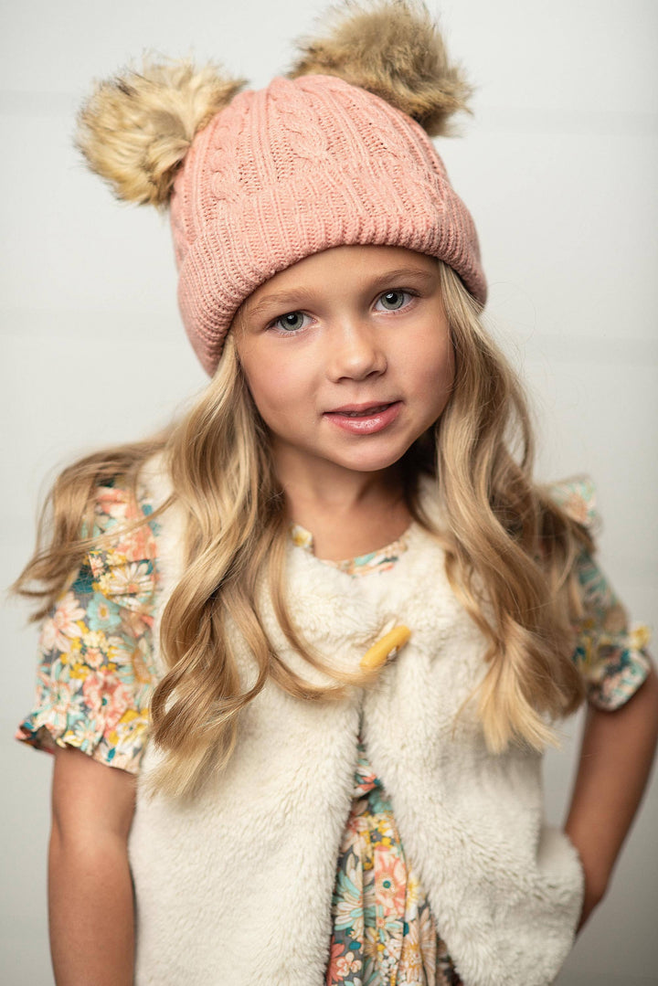 Kids Pink Cable Knit Fur Double Pom Pom Beanie Winter Hat