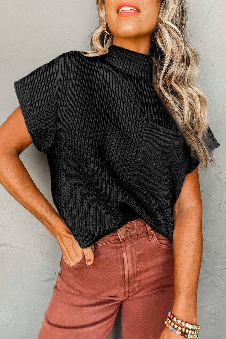 Ribbed Short Sleeve Pocketed Sweater