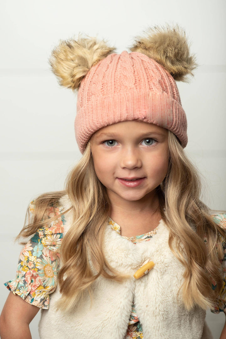 Kids Pink Cable Knit Fur Double Pom Pom Beanie Winter Hat