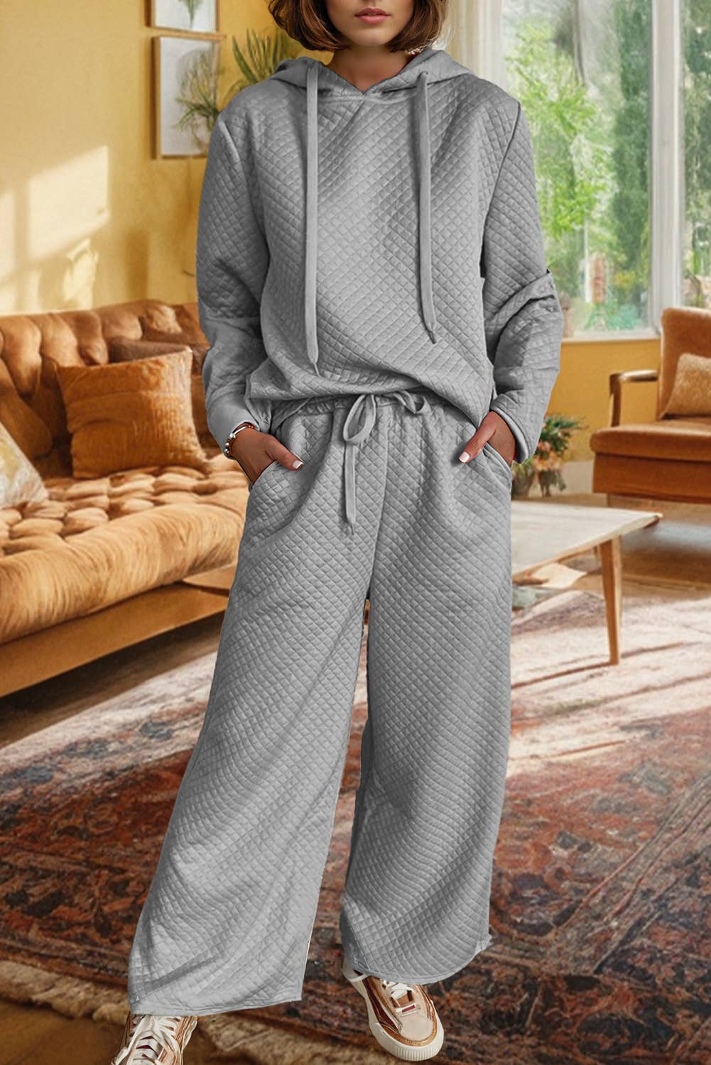 Solid Color Drawstring Hoodie and Wide Leg Pants Set