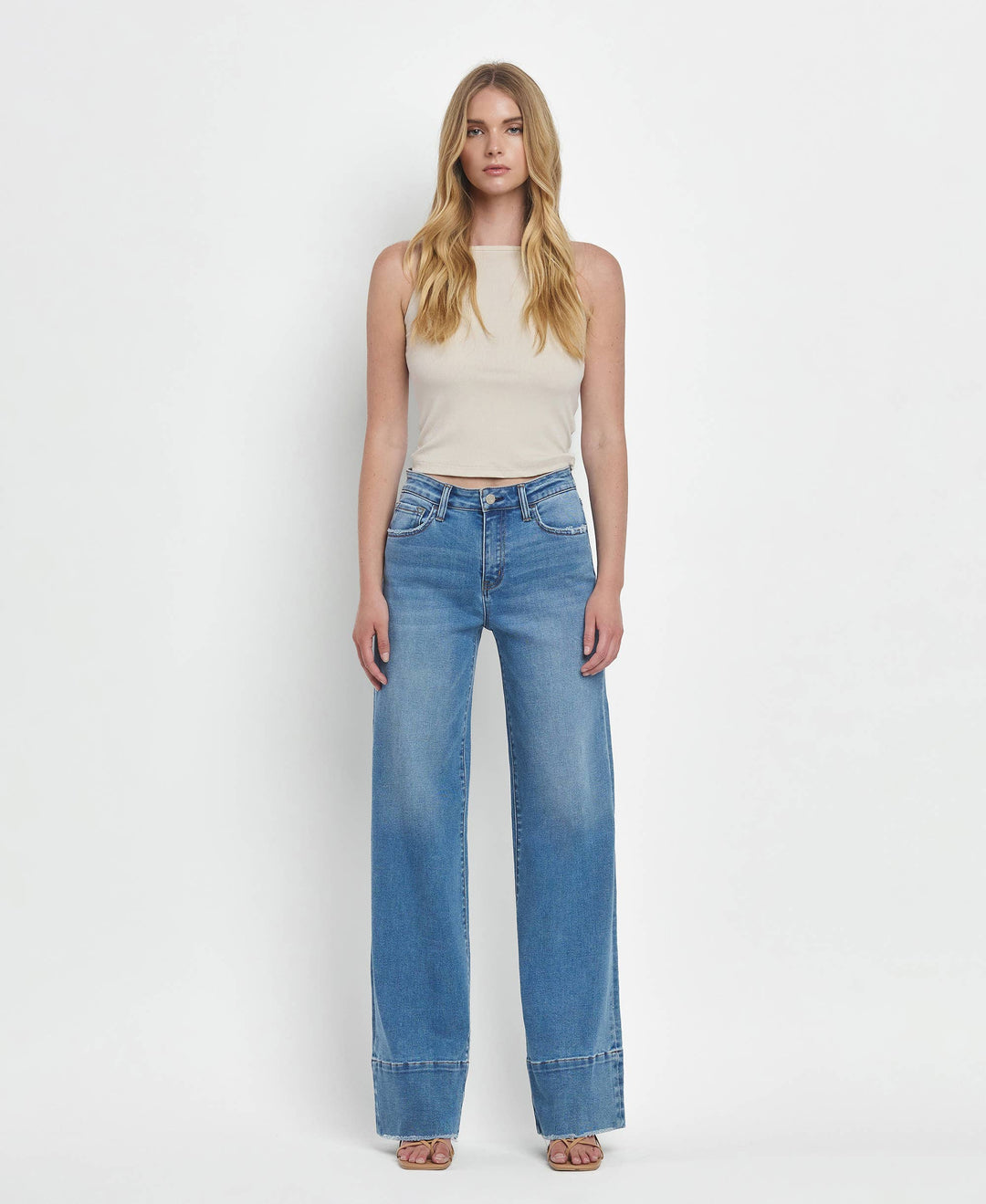 High Rise A Line Raw Hem Jeans