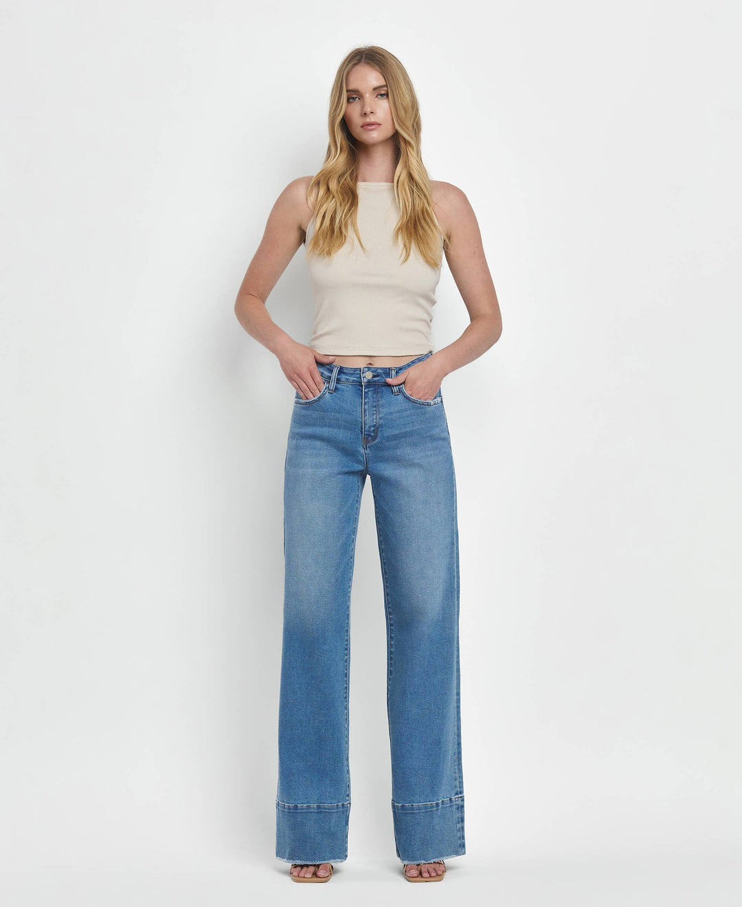 High Rise A Line Raw Hem Jeans