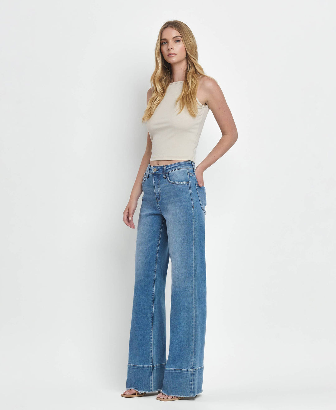 High Rise A Line Raw Hem Jeans