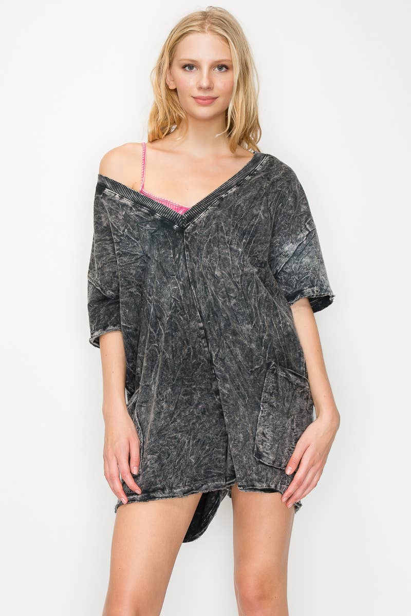 Black Mineral Wash Reversible Rompers