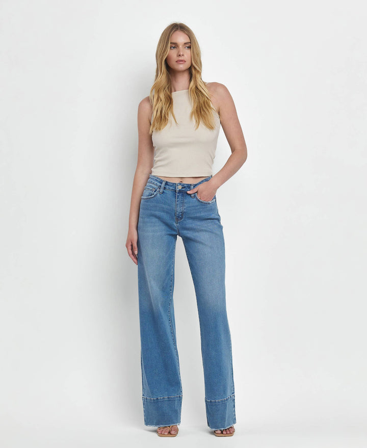 High Rise A Line Raw Hem Jeans