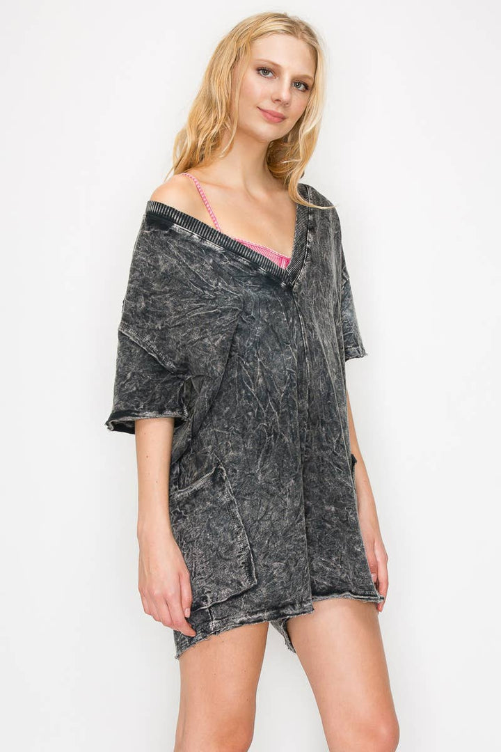 Black Mineral Wash Reversible Rompers