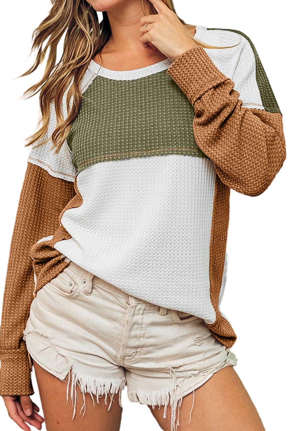 Colorblock Waffle Long Sleeve Top