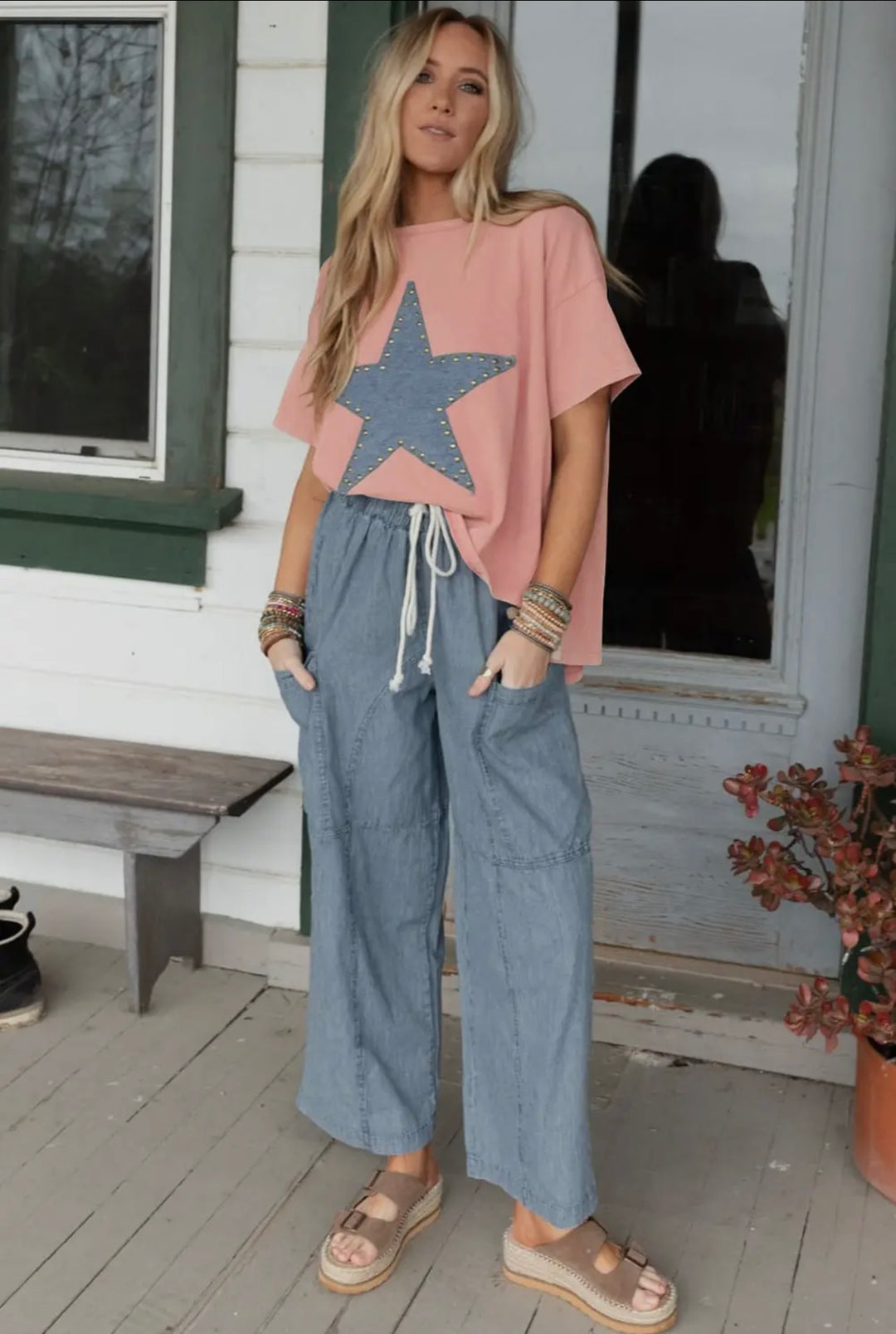 Apricot Pink Mineral Wash Studded Star Patch High Low Tee