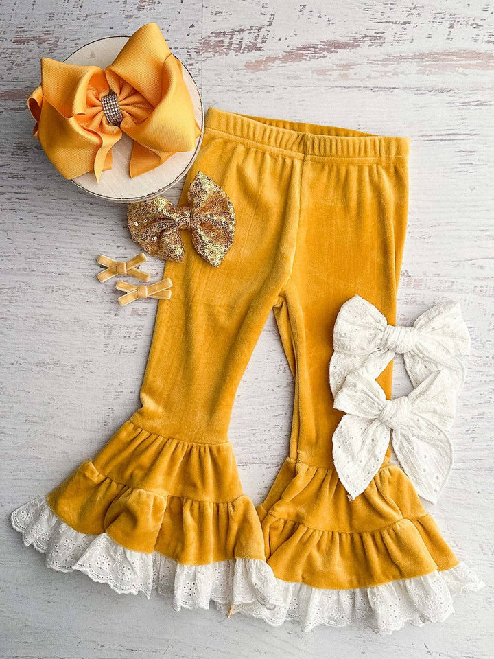 Mustard Lace Trimmed Velvet Bell Bottoms