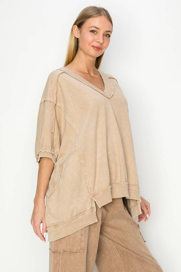 Mineral Wash Vneck Overfit Halfsleeve Terrry Top