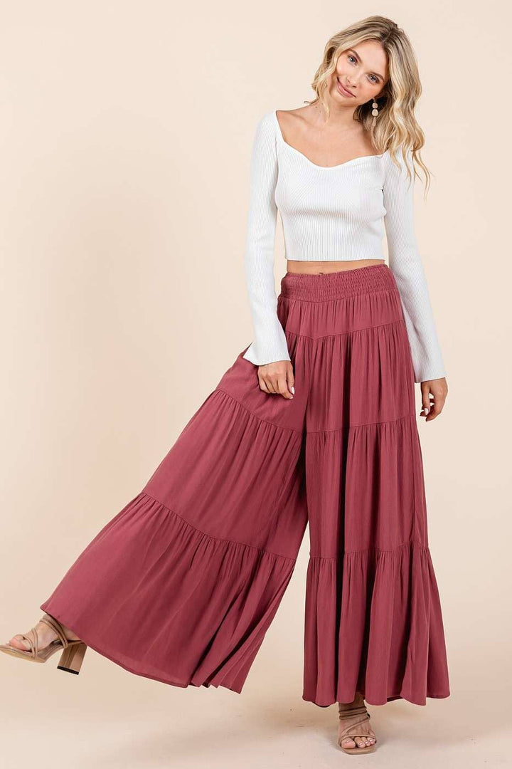 Detail Smocked Elastic Waist Wide Leg Pants