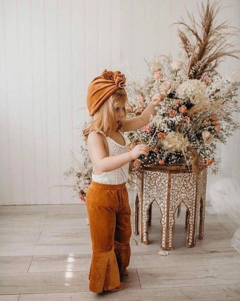 Lina Pleated Velour Bell Bottoms - Camel