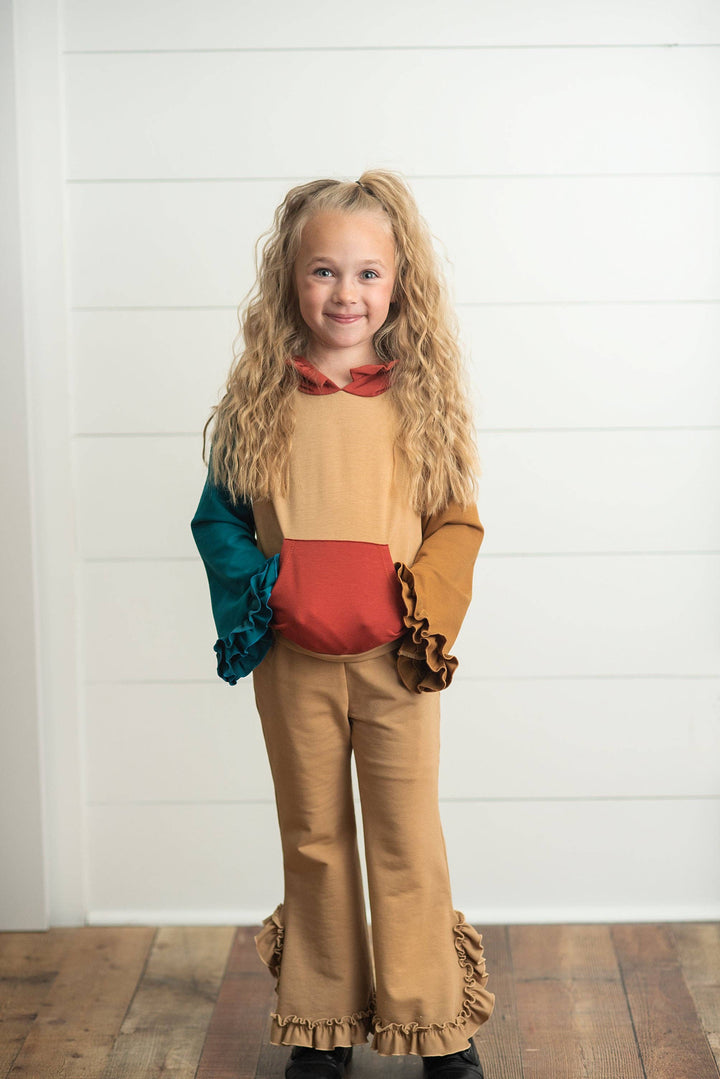 Kids Rust & Brown Fall Color Block Hooded Ruffle Pocket Set