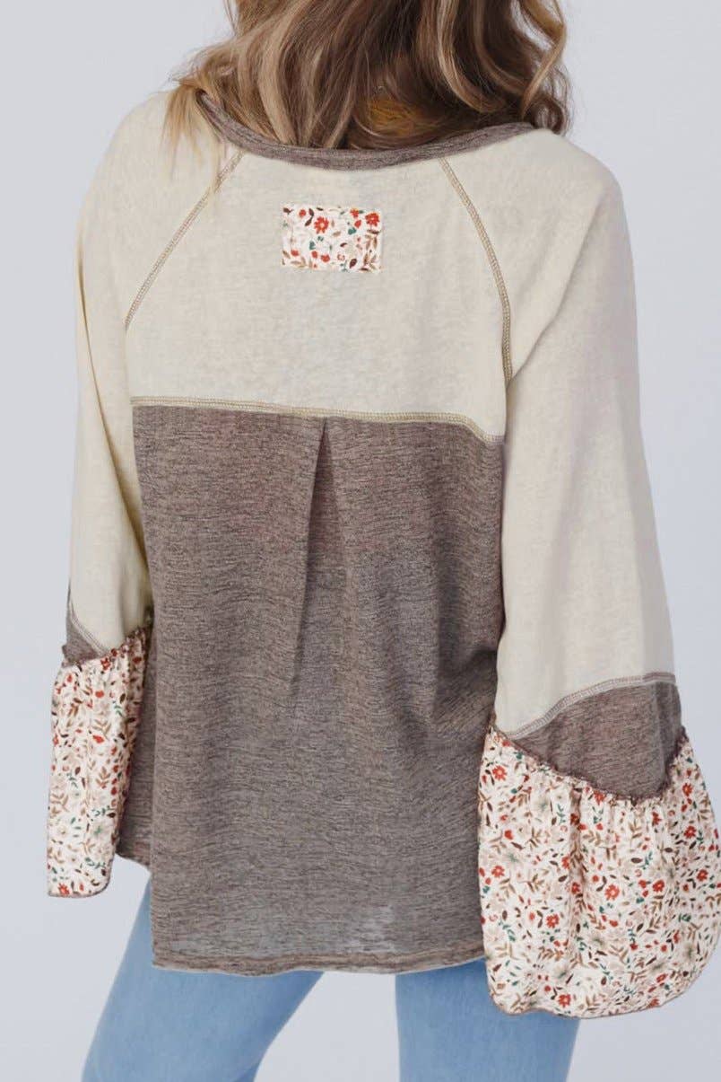 Floral Colorblock Flared Sleeve Top