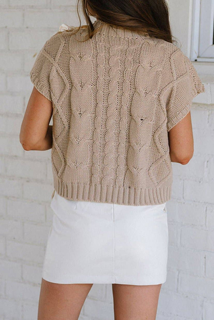 Bow Cable Knit Short Sleeve Sweater