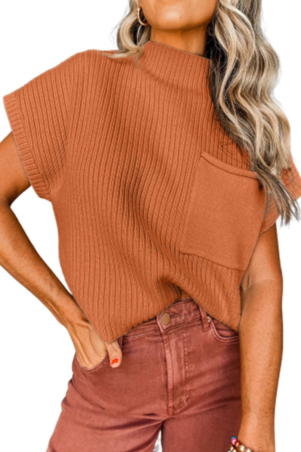 Ribbed Short Sleeve Pocketed Sweater