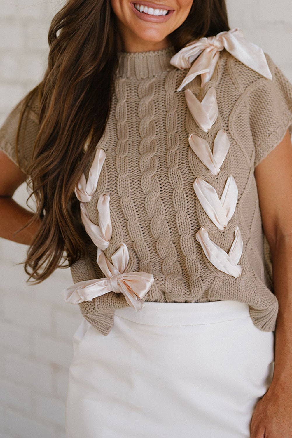 Bow Cable Knit Short Sleeve Sweater