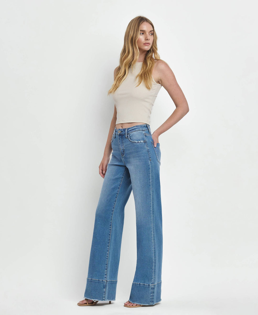 High Rise A Line Raw Hem Jeans