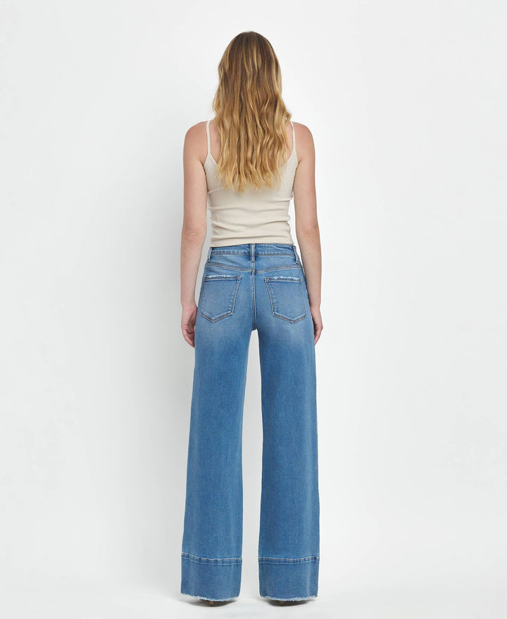 High Rise A Line Raw Hem Jeans