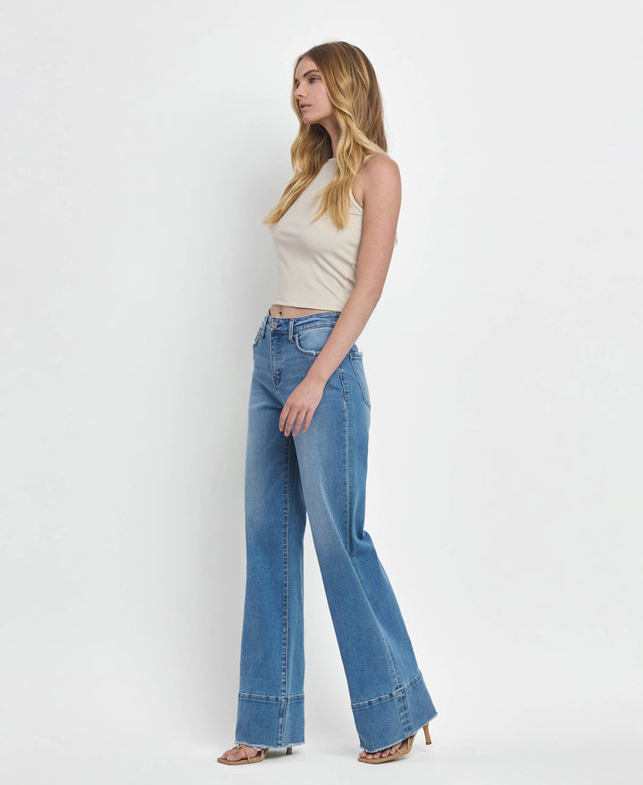 High Rise A Line Raw Hem Jeans